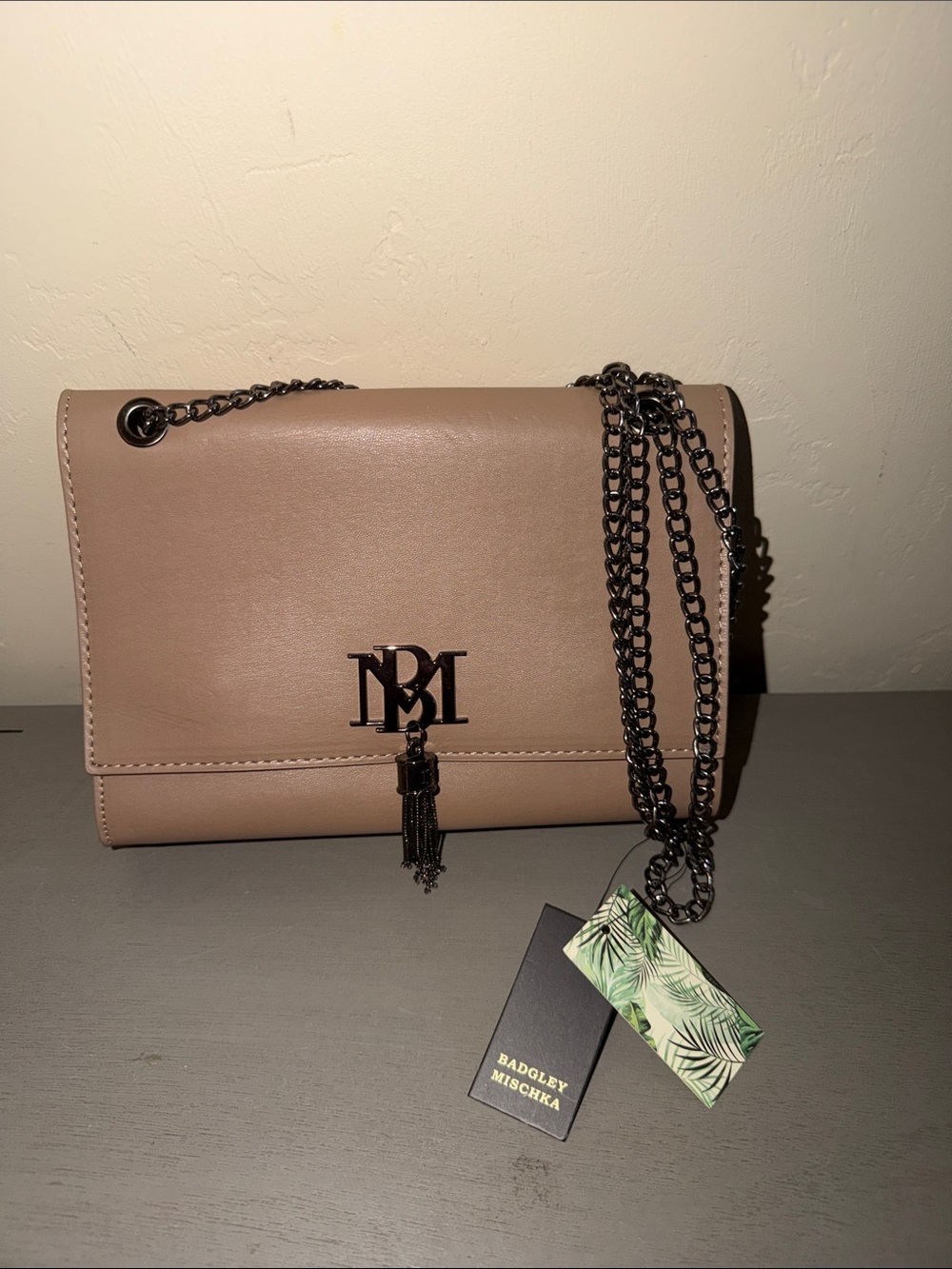 Badgley Mischka Taupe Leather Chain Shoulder Bag with Tassel